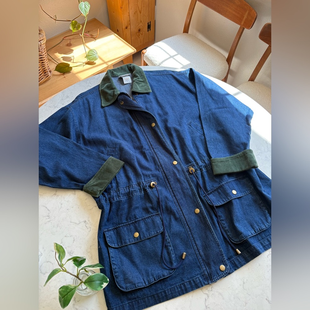 Vintage 90s Blue Denim Chore Jacket with Green Corduroy Collar - Picture 2 of 8